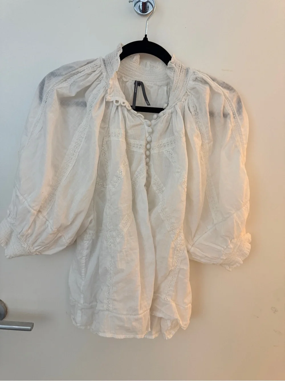 Anthropologie White Lace-Trim Peasant Top